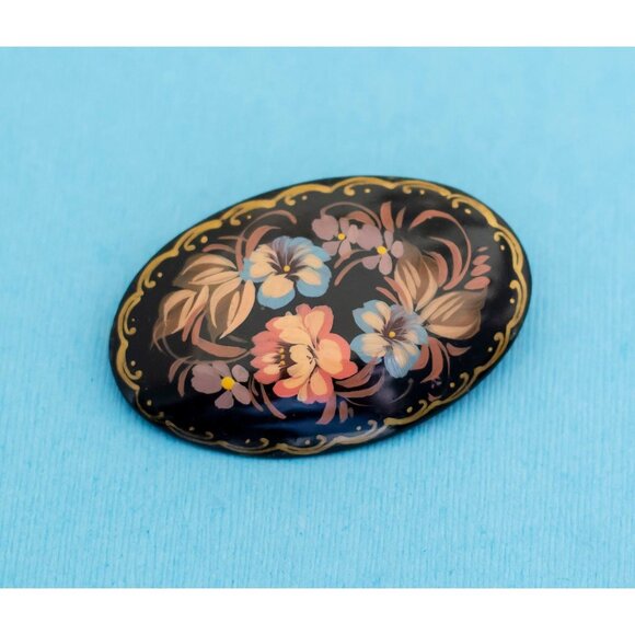 Vintage Wooden Oval Floral Elegance Brooch - N6 - Picture 1 of 2